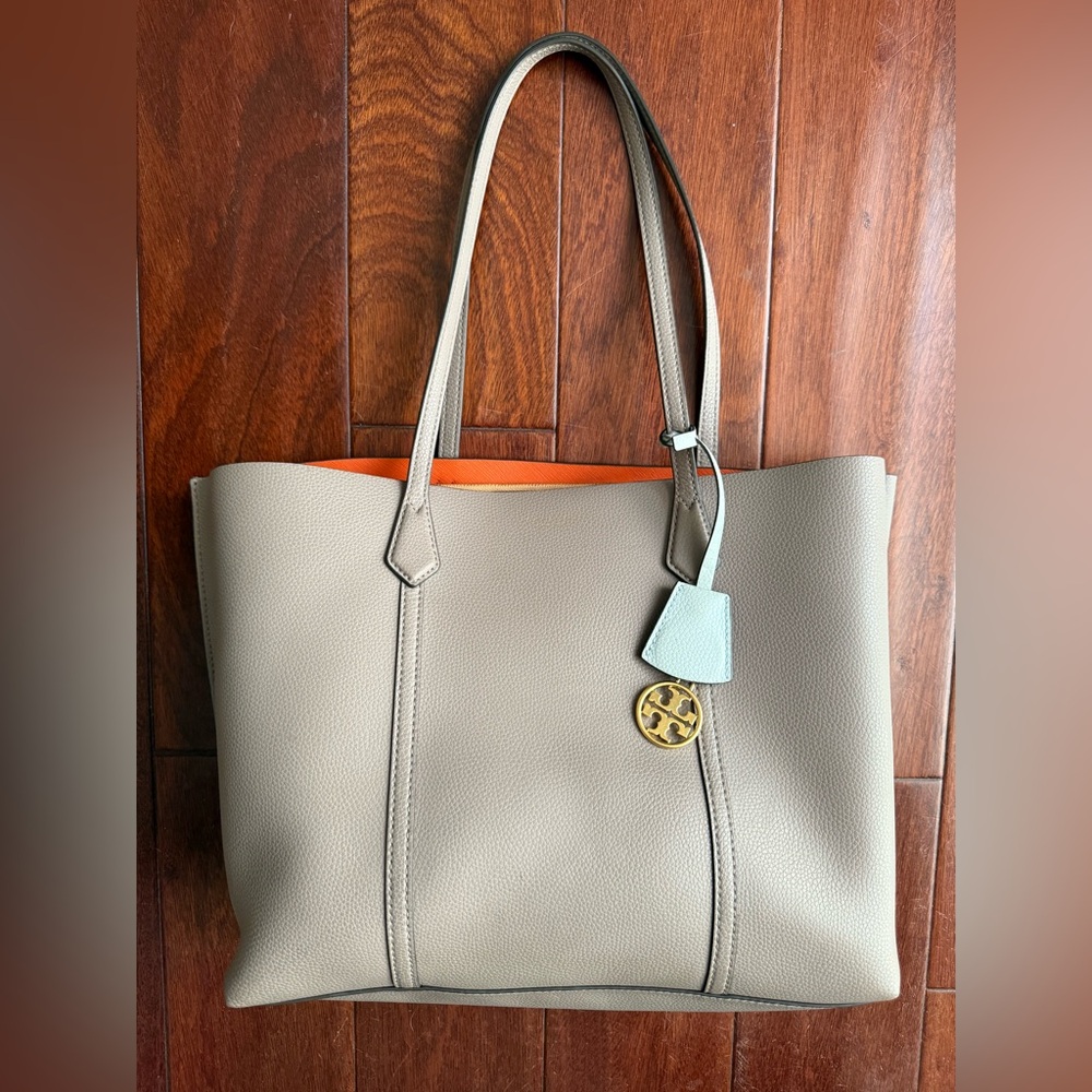 Tory Burch Perry Tote: Beige/Grey with orange interior